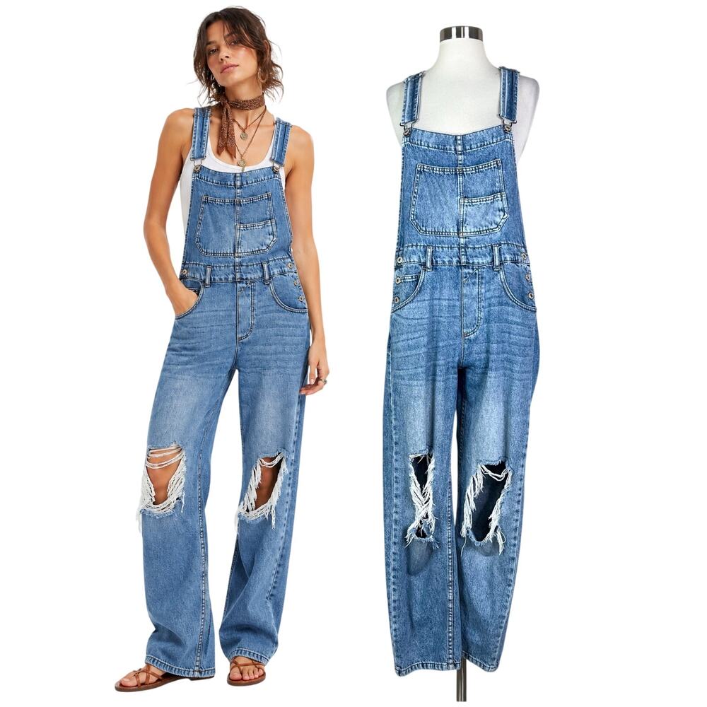 Free People | We The Free Distressed Baggy Denim Light Wash Blue Jean Overalls